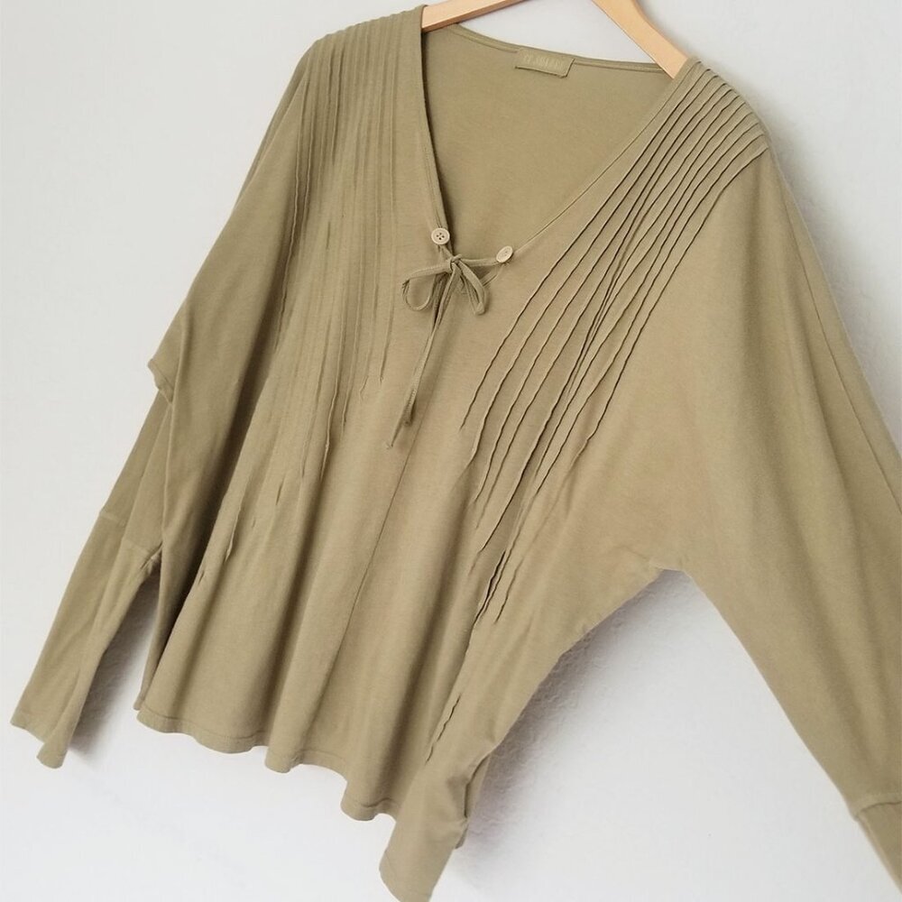 CP Shades Pintuck Pleated Cotton Jersey Dolman Long Sleeve Top S Lagenlook Green
